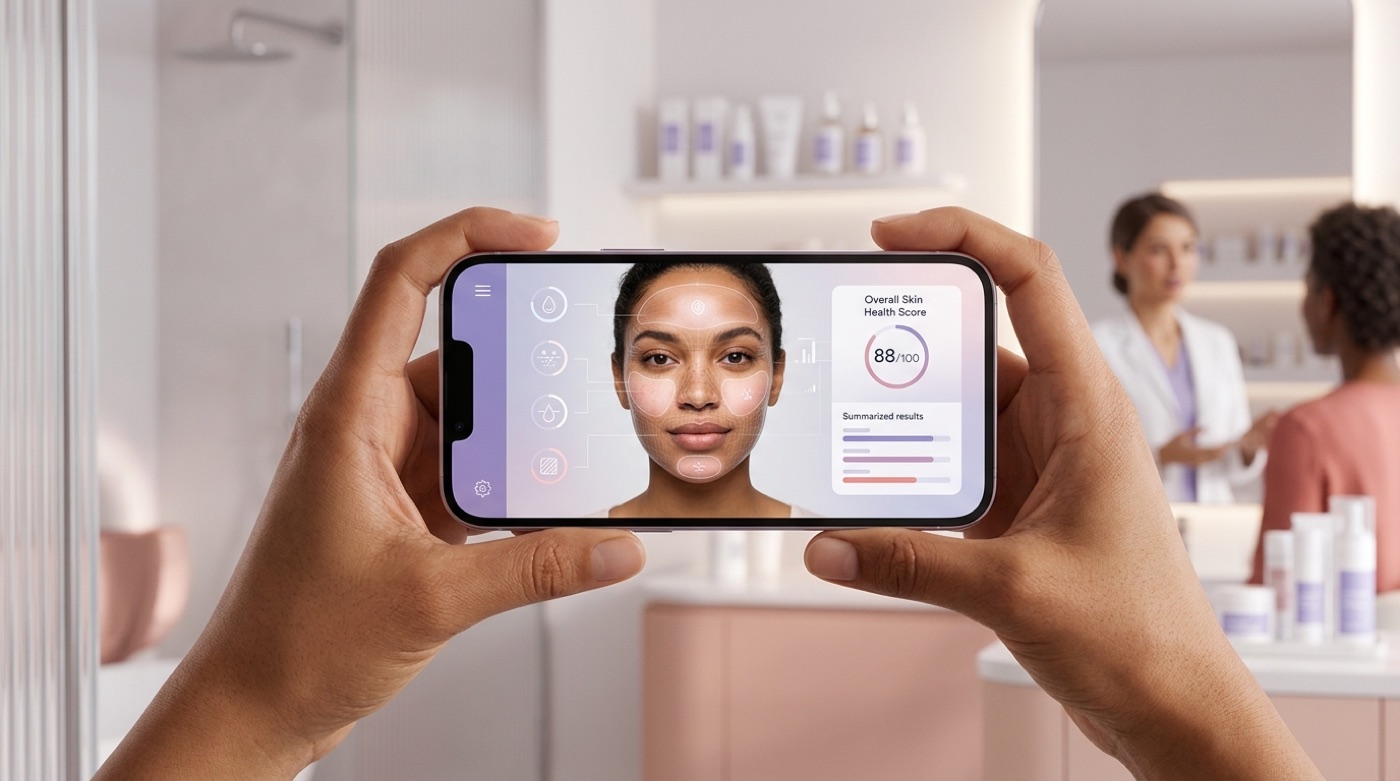 Two hands hold a phone showing a face-scan with highlighted zones and an overall skin-health score of 88 out of 100