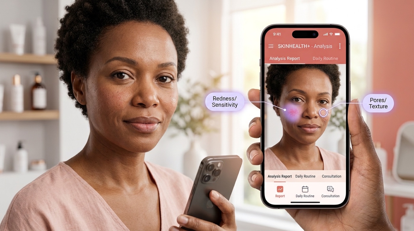 A phone app annotates a face photo, pointing out redness/sensitivity and pores/texture zones