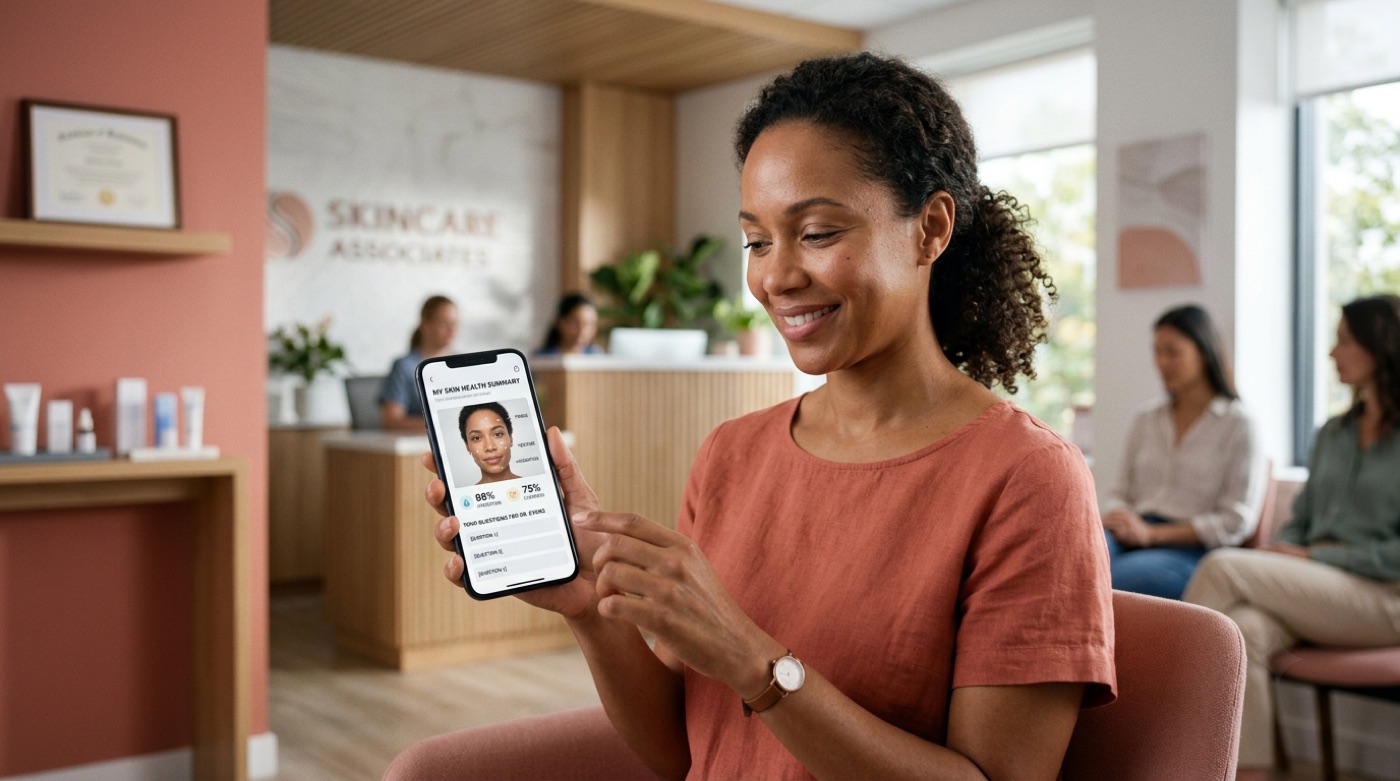 A woman in a dermatology waiting room reviews an organized skin-health summary on her phone before her appointment