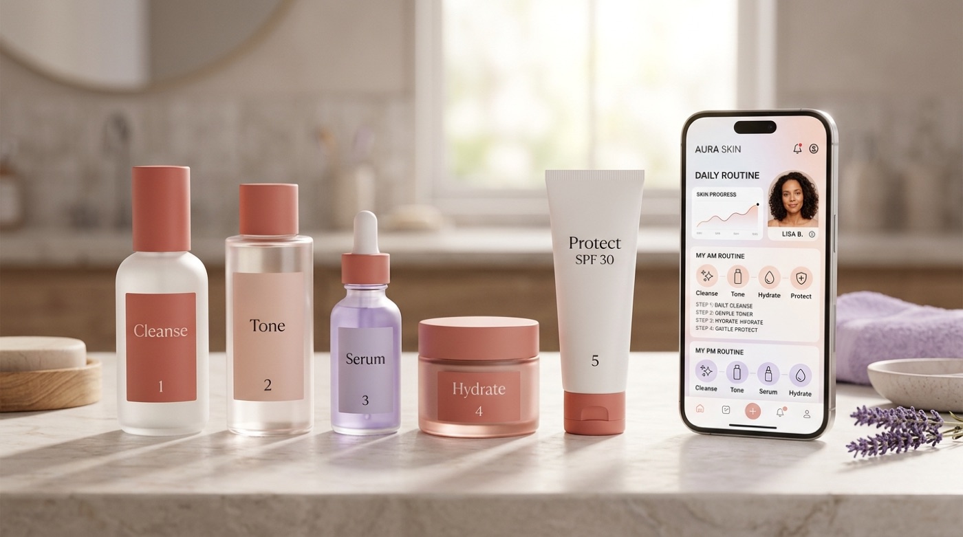 A tidy row of cleanser, toner, serum, moisturizer and SPF beside a phone showing matching AM/PM routine steps