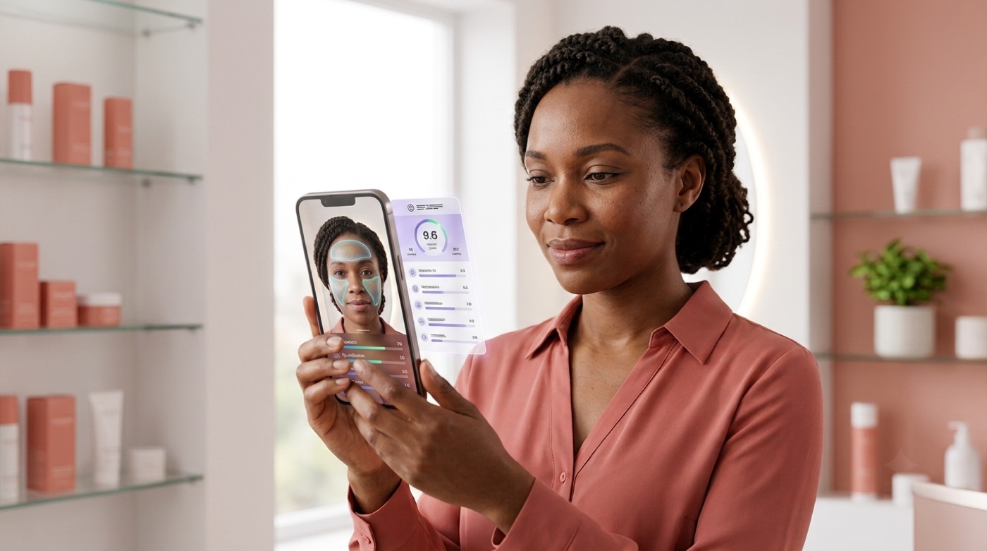 A woman holds a phone that shows her selfie with an AI skin-analysis overlay highlighting facial zones plus a skin-health score